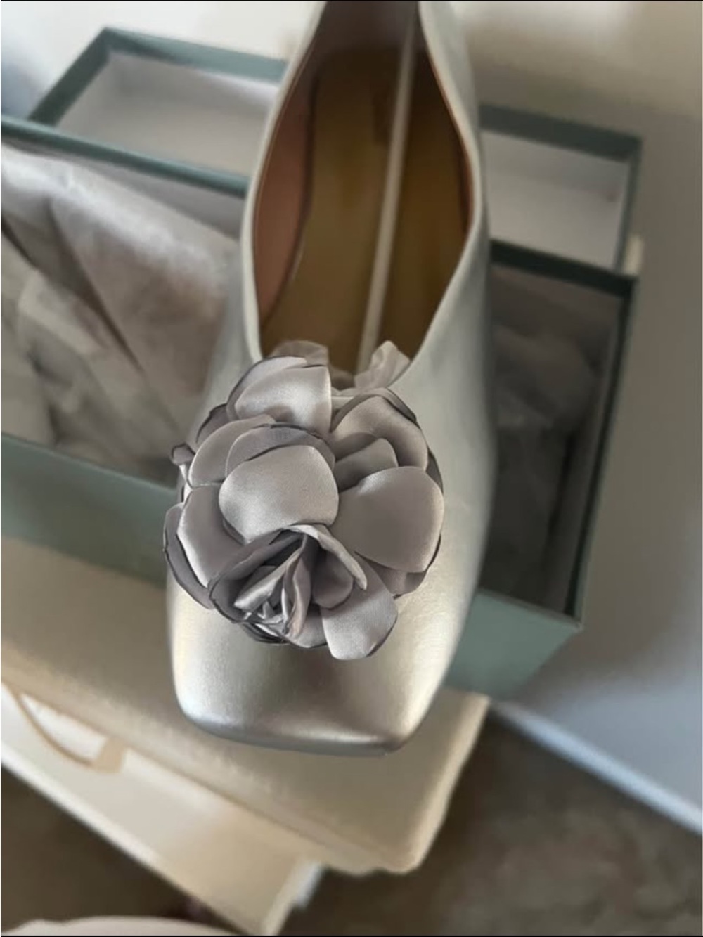 Silver Satin Floral Ballet Flat for Women